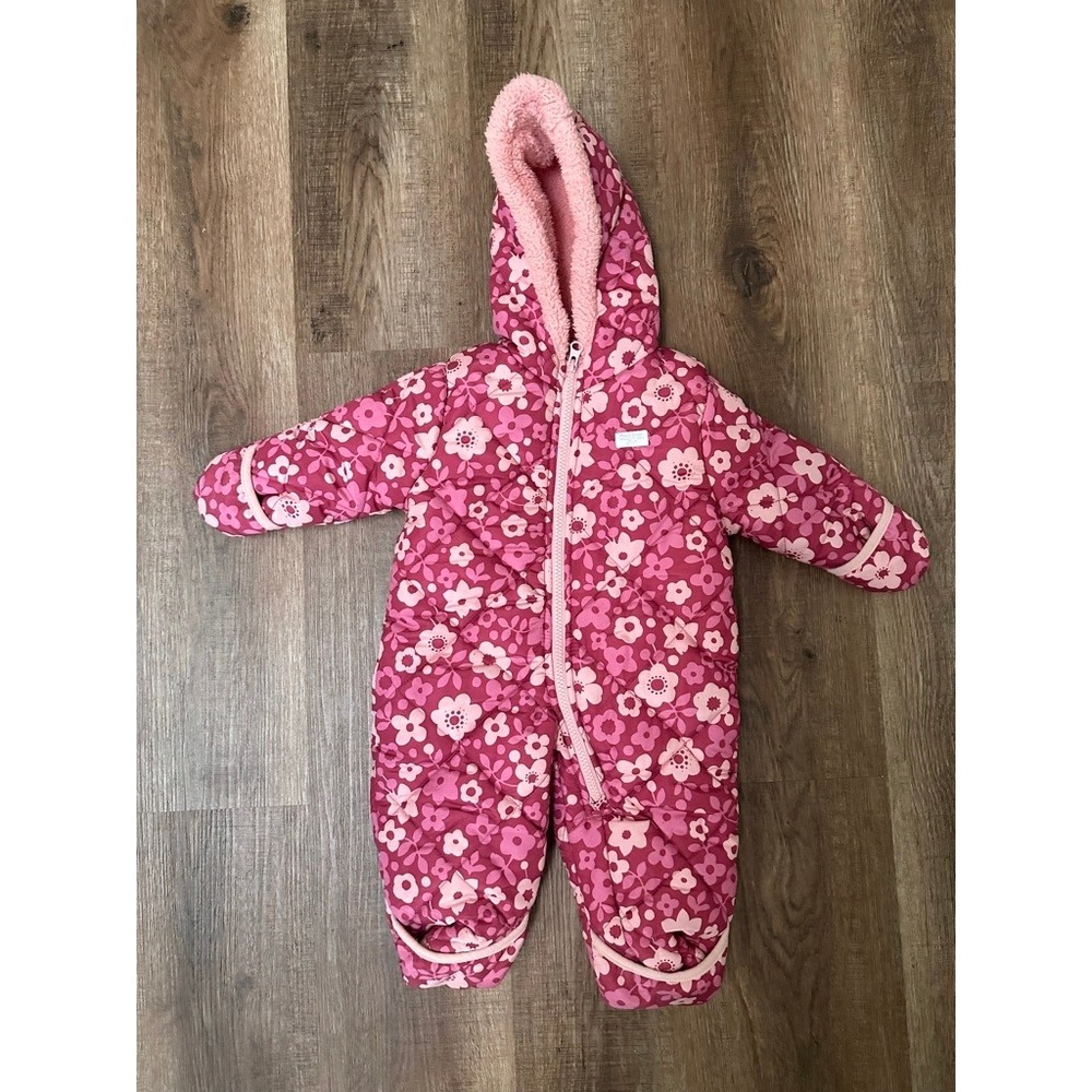 OshKosh Bgosh Pink Floral Hooded Snowsuit Bunting 3/6M Sherpa Lined Winter Suit